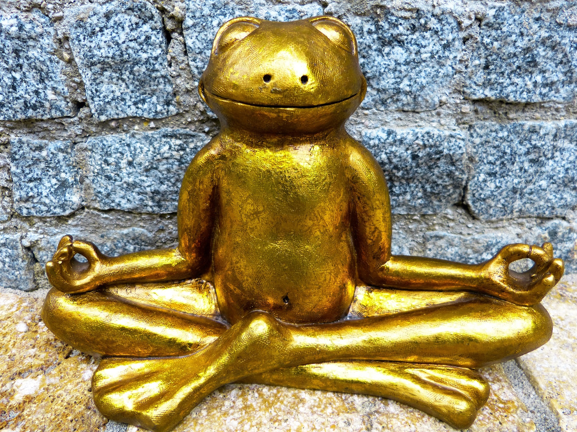 Eine goldfarbene Froschstatue sitzt im Schneidersitz in meditativer Haltung, die Hände auf die Knie gestützt, vor einem Hintergrund aus Stein.