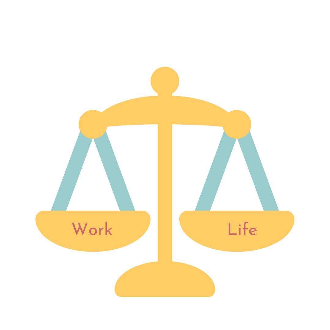 Eine gelbe Waage mit "Arbeit" auf der linken Seite und "Leben" auf der rechten Seite, die das Konzept der Work-Life-Balance veranschaulicht.
