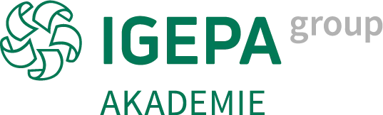 IGEPA Akademie Logo Logo der IGEPA Akademie mit einem grünen geometrischen Muster auf der linken Seite, fetter grüner Text "IGEPA AKADEMIE" und hellgrauer Text "GROUP" auf der rechten Seite.