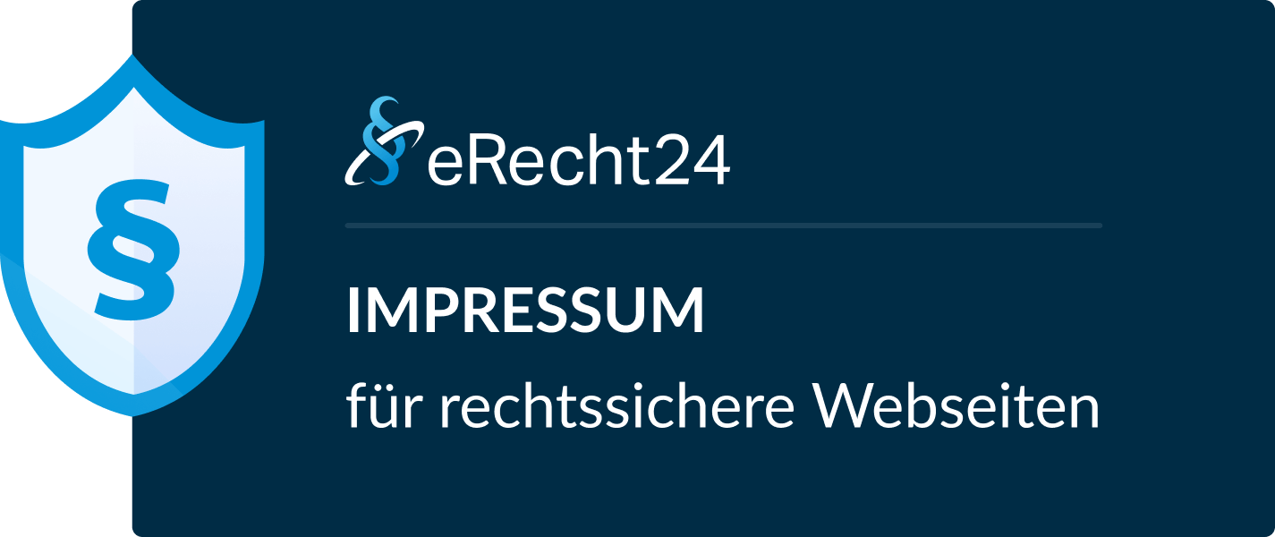 Impressum: eRecht24-Siegel eRecht24-Plakette mit einem Schildsymbol und dem Text "Impressum für rechtssichere Webseiten"