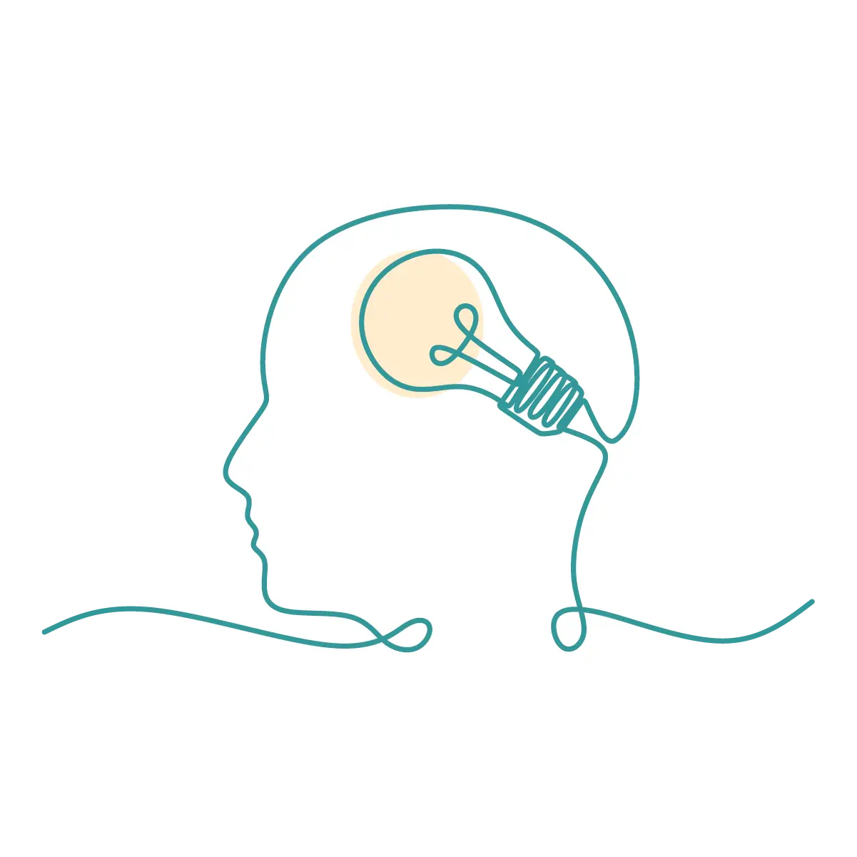 Klarheit Eine minimalistische Illustration des Umrisses eines menschlichen Kopfes mit einer Glühbirne im Inneren, die Klarheit symbolisiert.