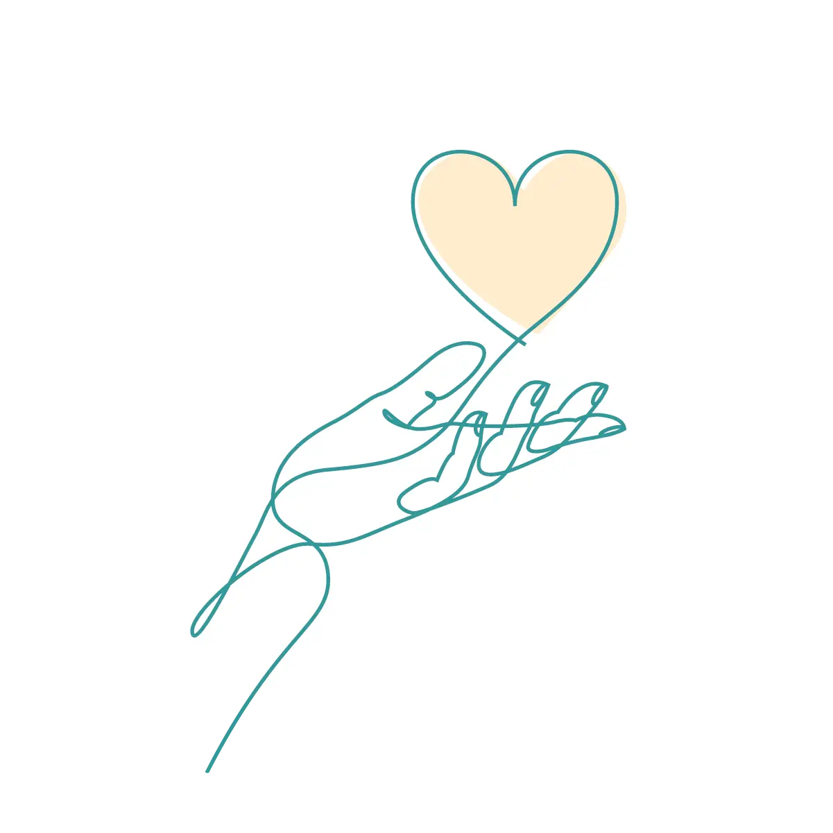 Verbindung Minimalistische Strichzeichnung einer Hand, die ein Herz hält, was Verbindung symbolisiert.