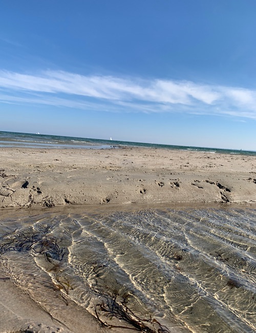 Klares, seichtes Wasser fließt auf einen Sandstrand unter einem blauen Himmel mit Wolkenfetzen. Im Vordergrund sind einige kleine Wellen und Seegras zu sehen, während sich im Hintergrund der Horizont und das Meer erstrecken.