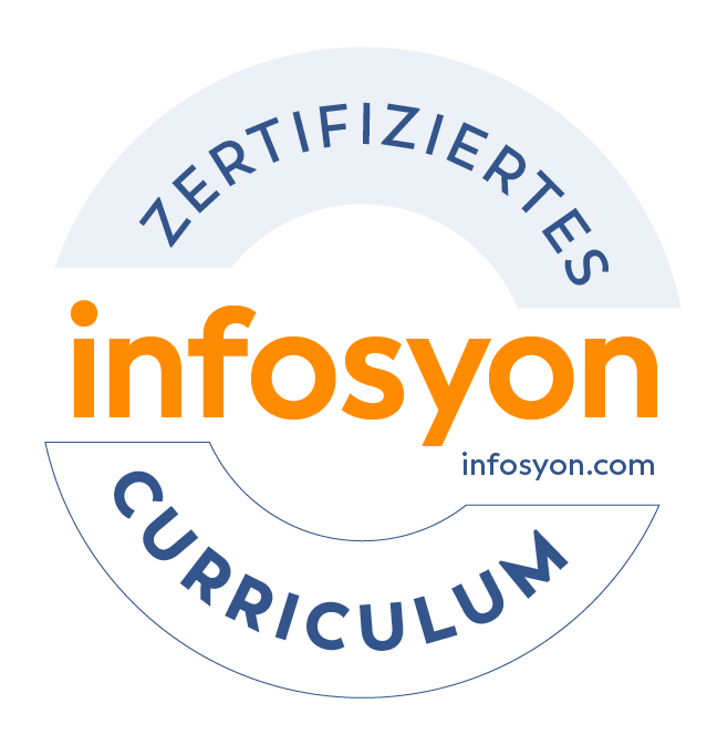 Rundes Logo mit dem Schriftzug „infosyon“ in Orange in der Mitte. Darüber steht „ZERTIFIZIERTES“ und darunter „CURRICULUM“ in Blau. Rechts neben dem Wort „infosyon“ ist die Website „infosyon.com“ zu sehen.