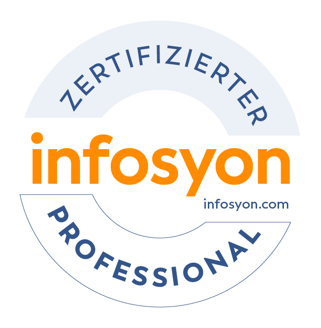 Ein rundes Abzeichen mit der Aufschrift „ZERTIFIZIERTER“ oben, „infosyon“ in Orange in der Mitte, „infosyon.com“ darunter und „PROFESSIONAL“ unten, alles auf weißem Hintergrund.